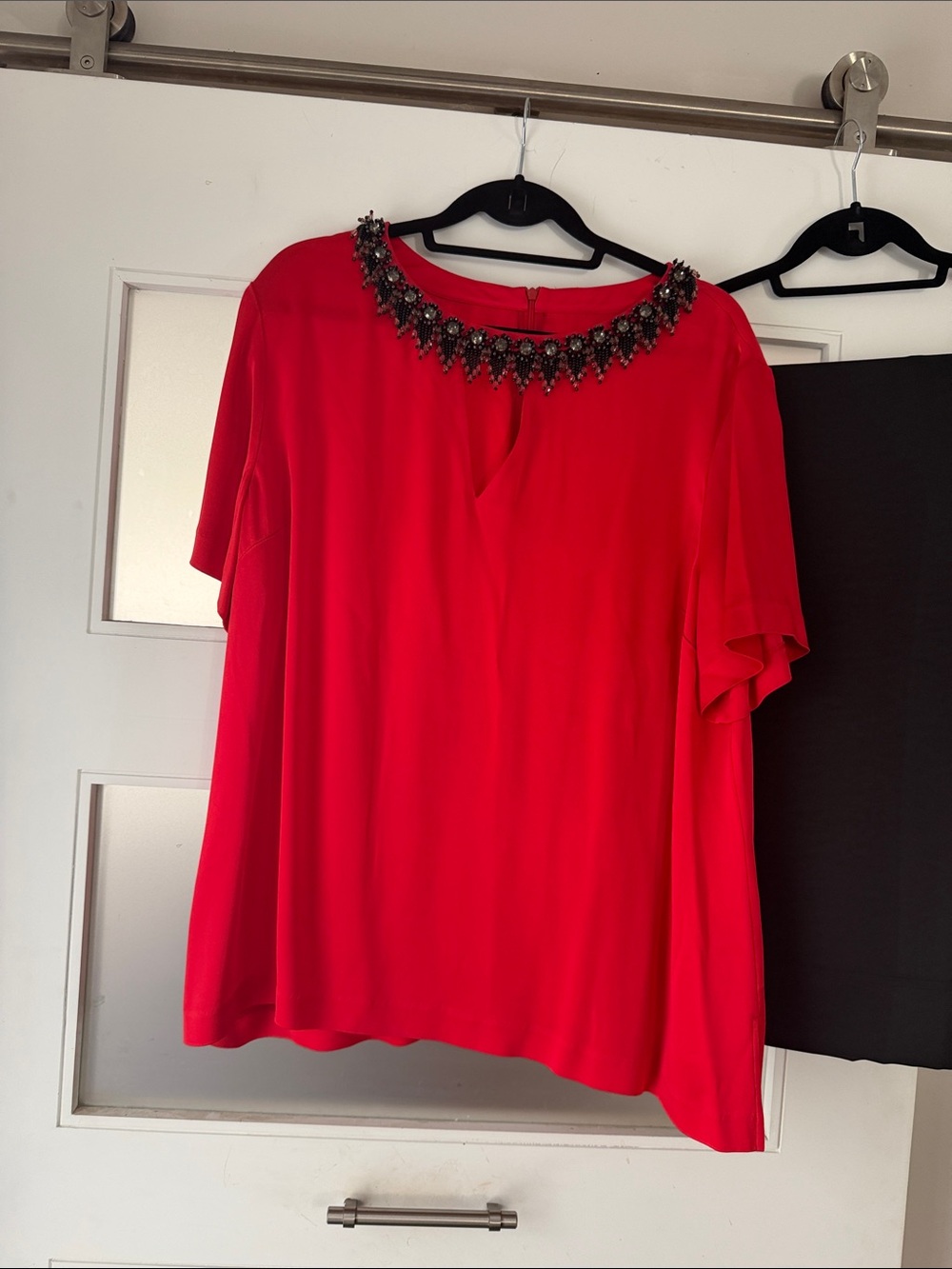 St. John Red Jeweled Neck Blouse